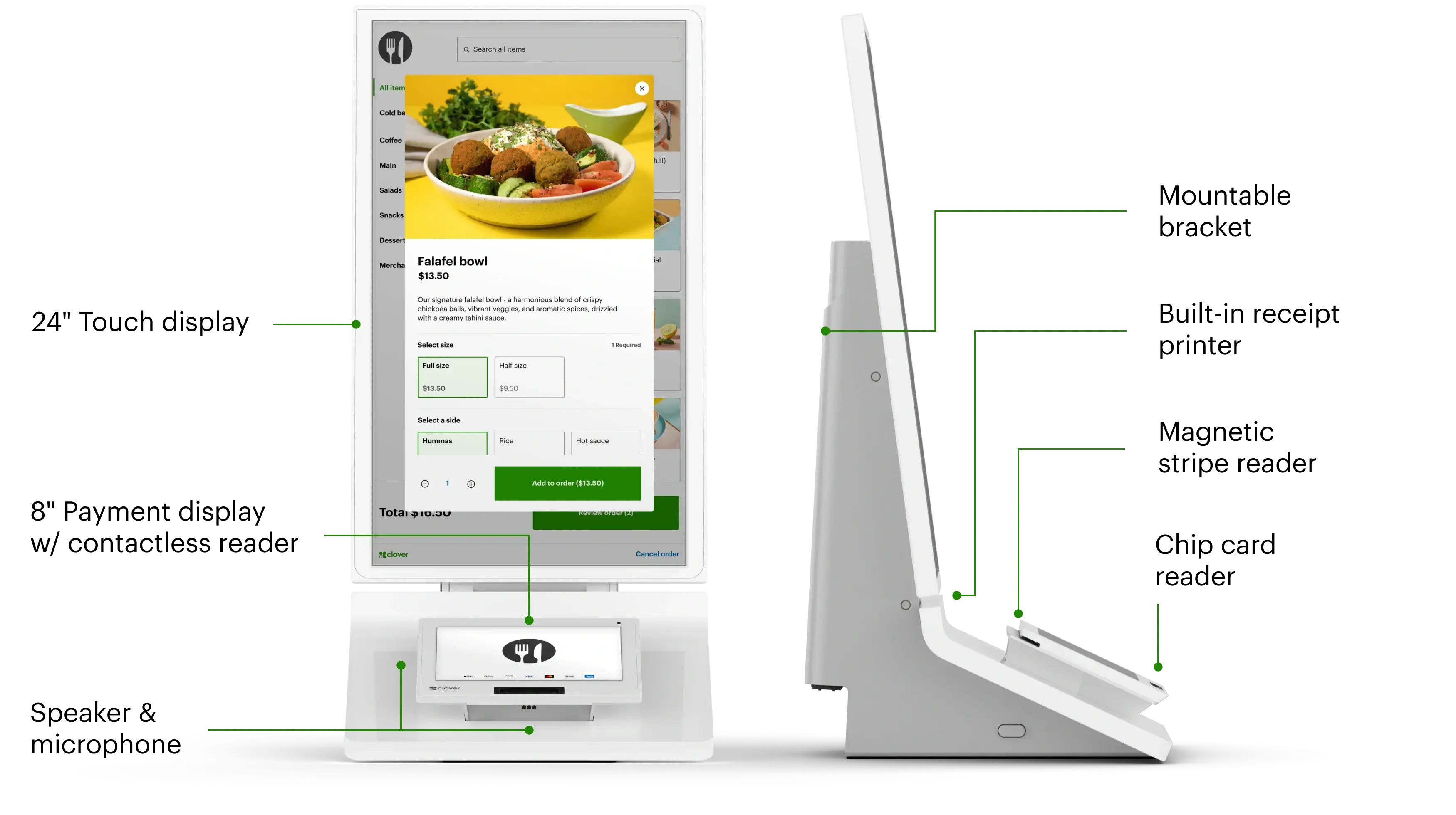 Clover Kiosk hardware diagram showing its ordering display, payment terminal and printer